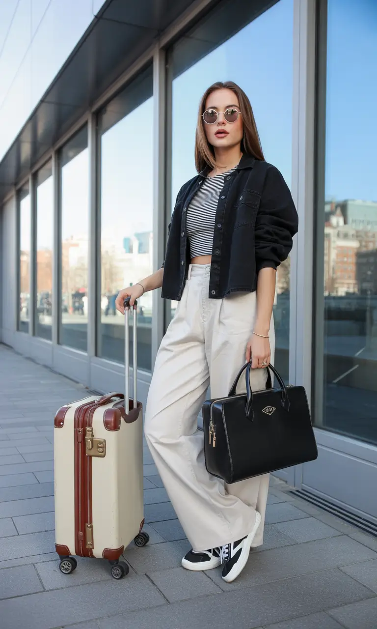 comfy airport spring outfits 2026 modern black white travel look