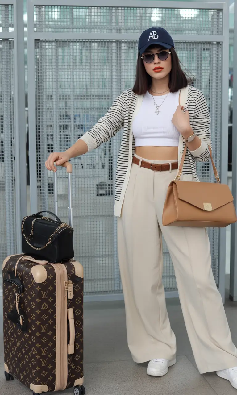 comfy airport spring outfits 2026 striped neutral travel look