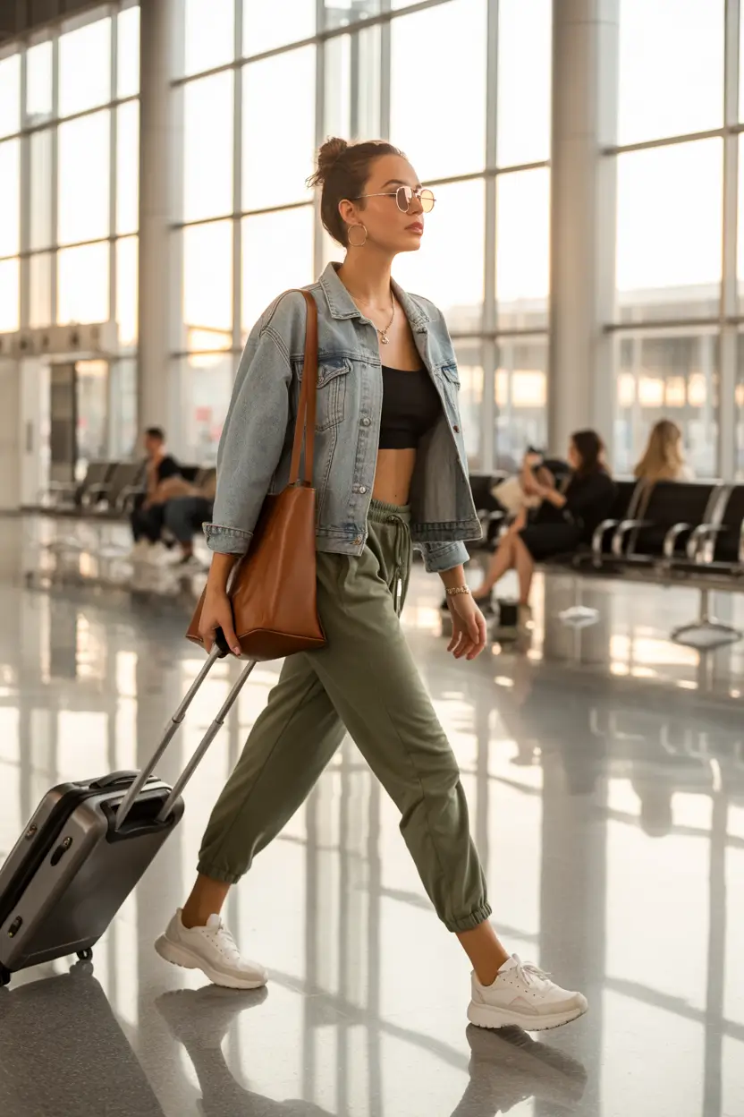 comfy airport spring outfits 2026 denim jogger travel style