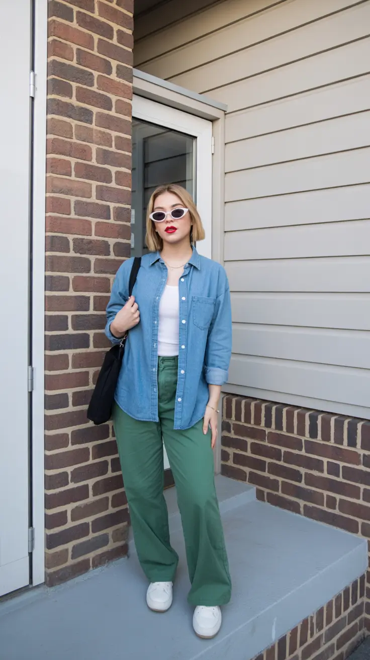 comfy spring outfits for errands 2026 relaxed denim and green pants