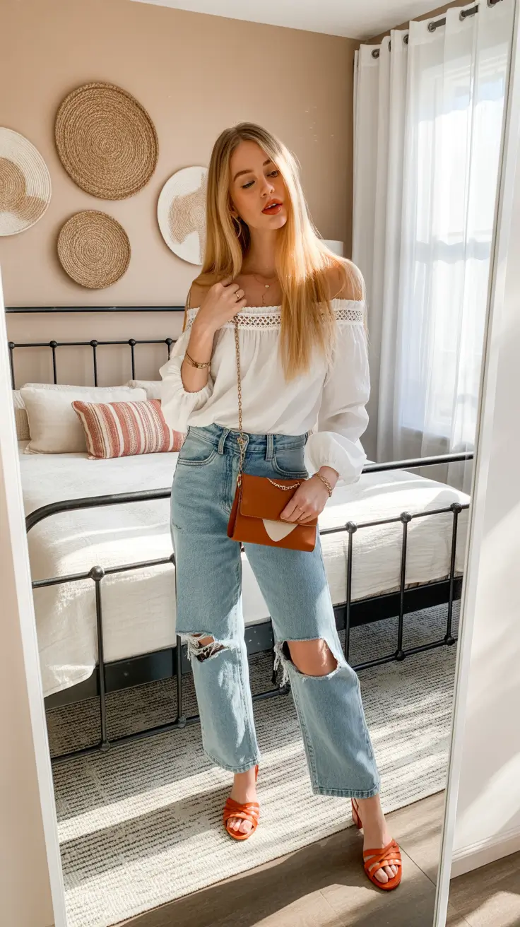 comfy spring outfits for errands 2026 off shoulder blouse jeans
