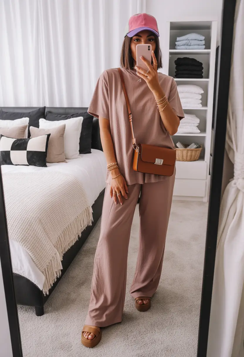 comfy spring outfits for errands 2026 relaxed tee wide pants