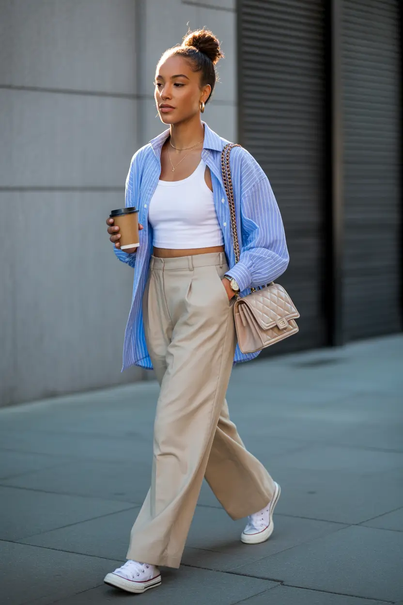 comfy spring outfits for errands 2026 cropped tank tailored pants