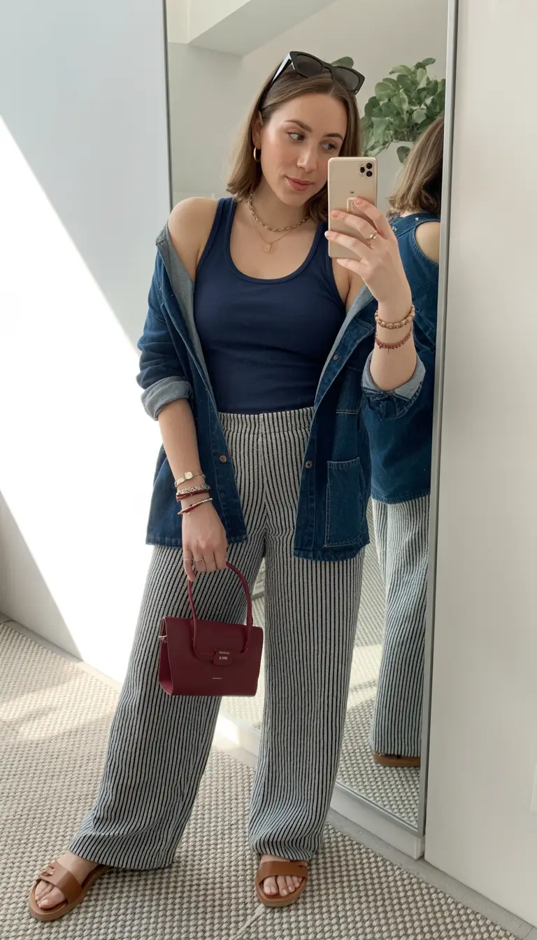 comfy spring outfits for errands 2026 denim shirt striped pants