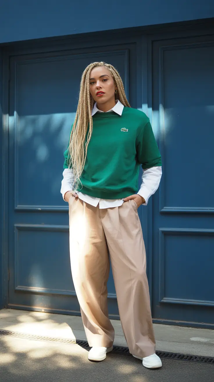 comfy spring outfits for errands 2026 green sweatshirt tailored pants