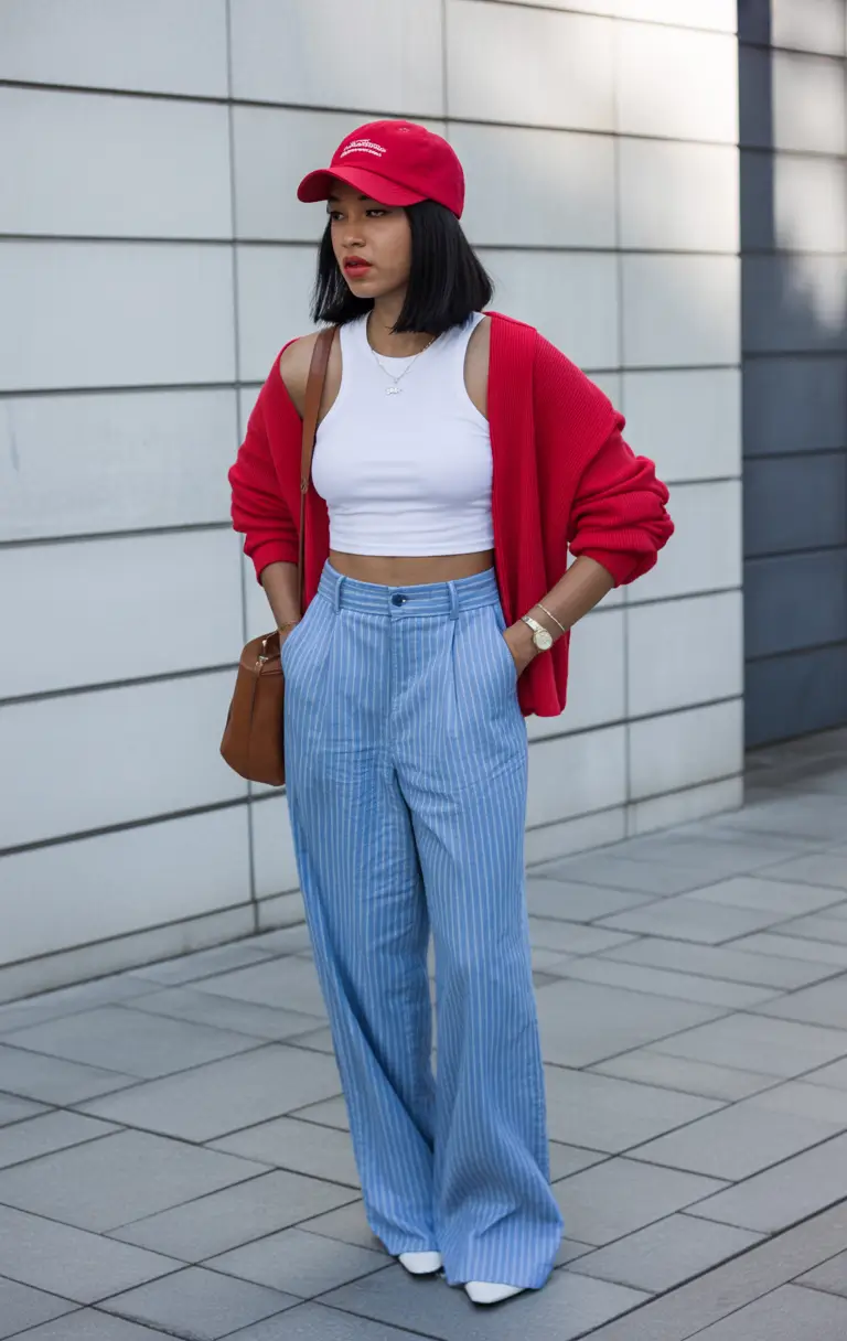 comfy spring outfits for errands 2026 red cardigan striped pants