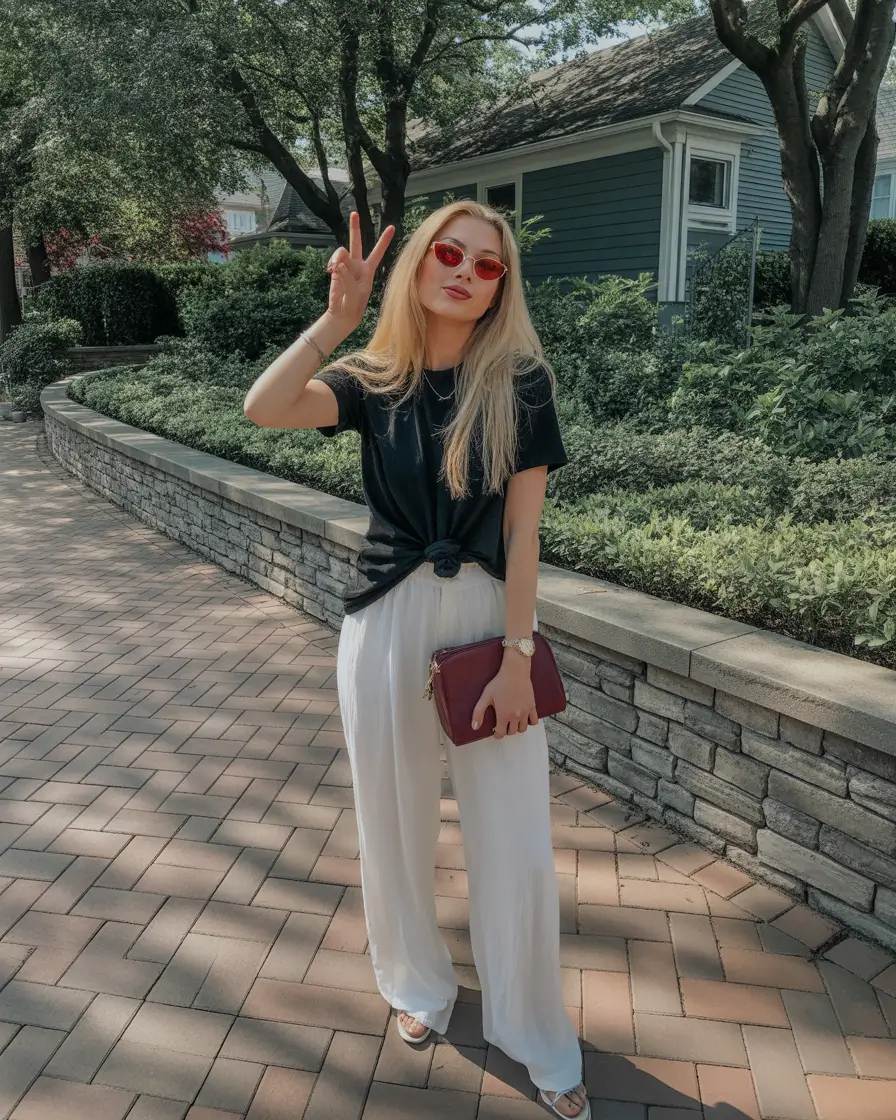 comfy spring outfits for errands 2026 black tee and white pants
