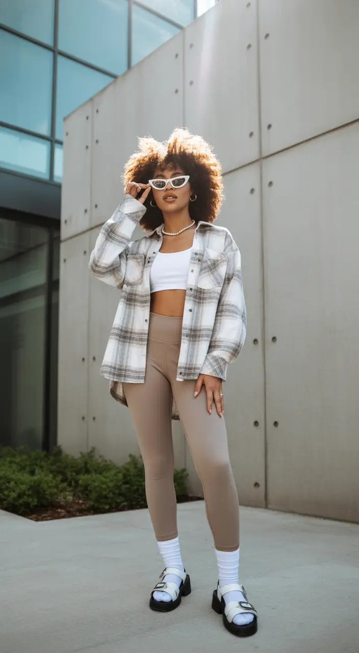 comfy spring outfits for errands 2026 layered plaid leggings