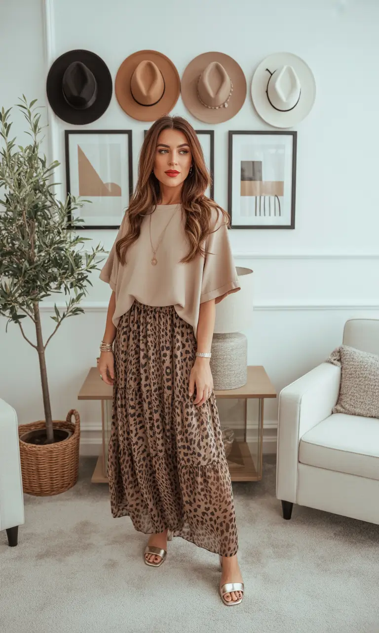 comfy spring outfits for errands 2026 neutral top printed skirt
