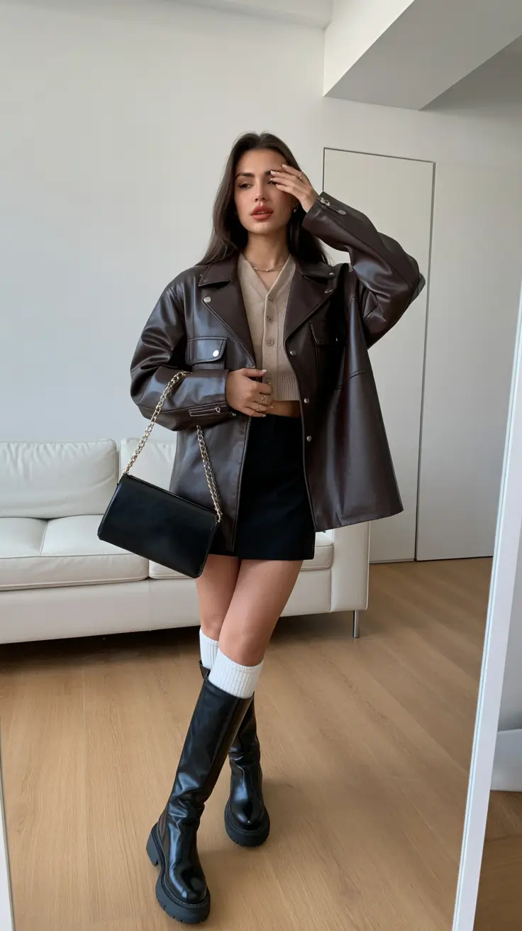 cute chicago spring outfits for 2026 leather mini look