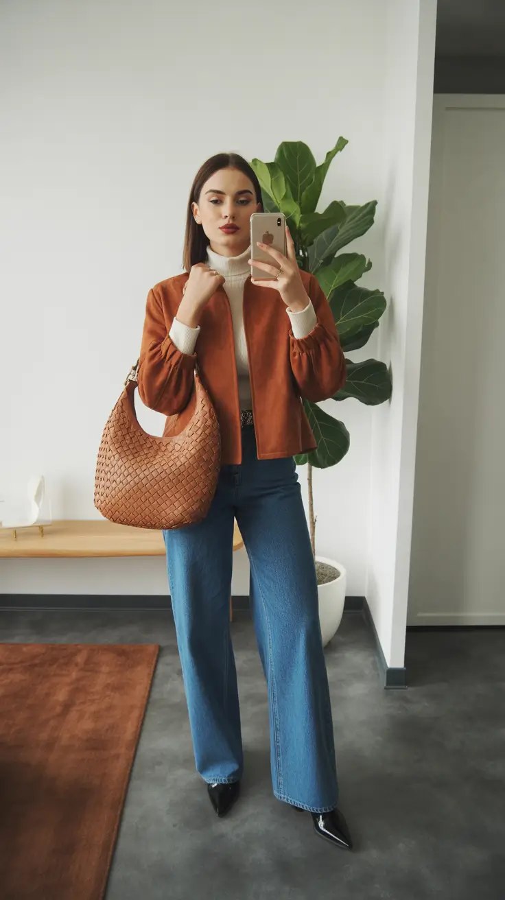 cute chicago spring outfits for 2026 brown jacket denim