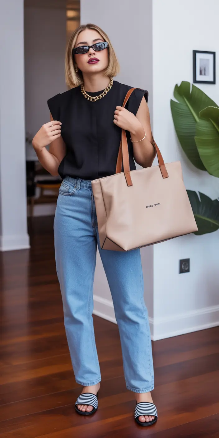 spring casual work outfits for women-structured-black-meets-soft-denim