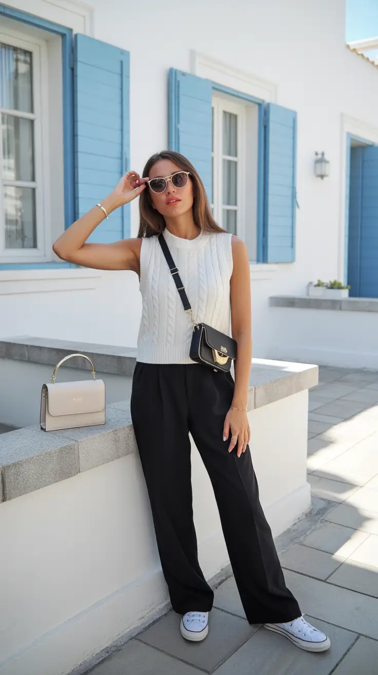 spring casual work outfits women-sleeveless-knit-black-trousers-9