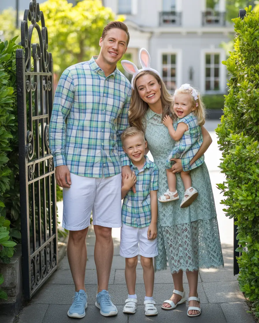 spring family pictures outfits Fresh Green Plaids for Playful Spring Celebrations