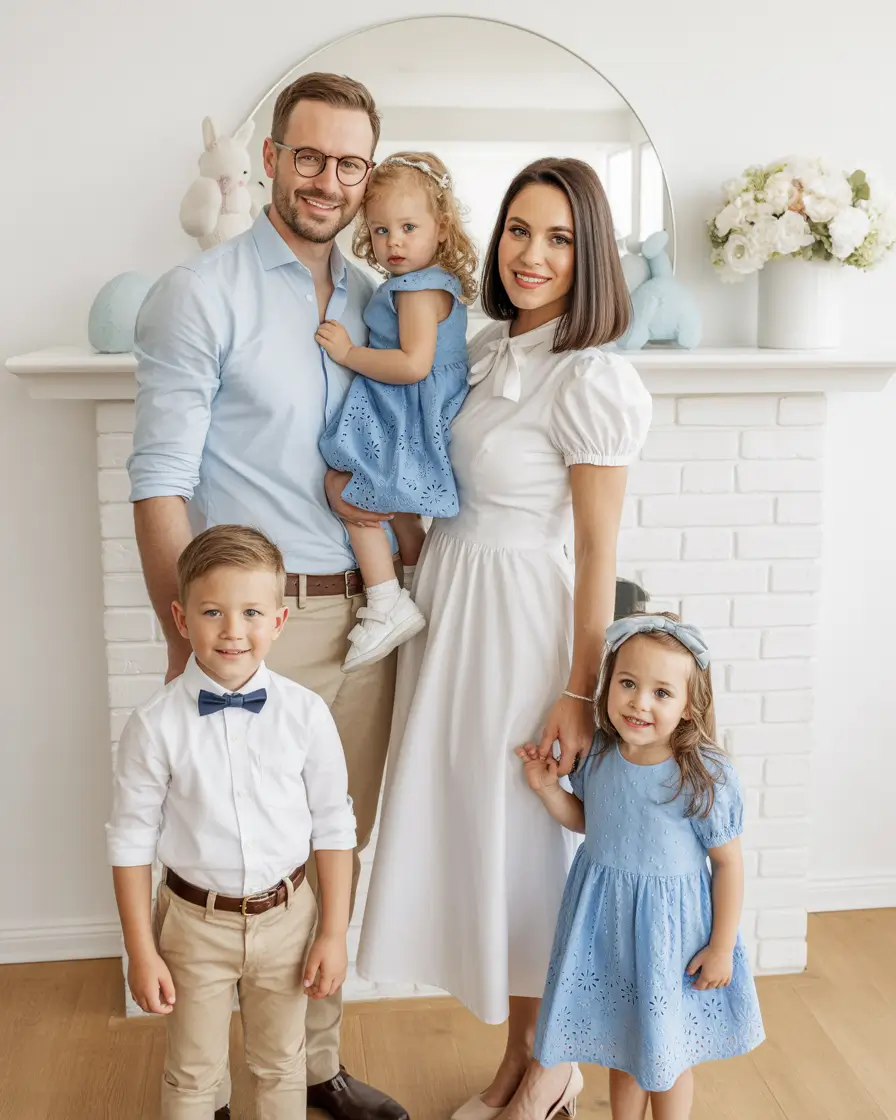 spring family pictures outfits Clean Blue and White for Classic Indoor Spring Moments