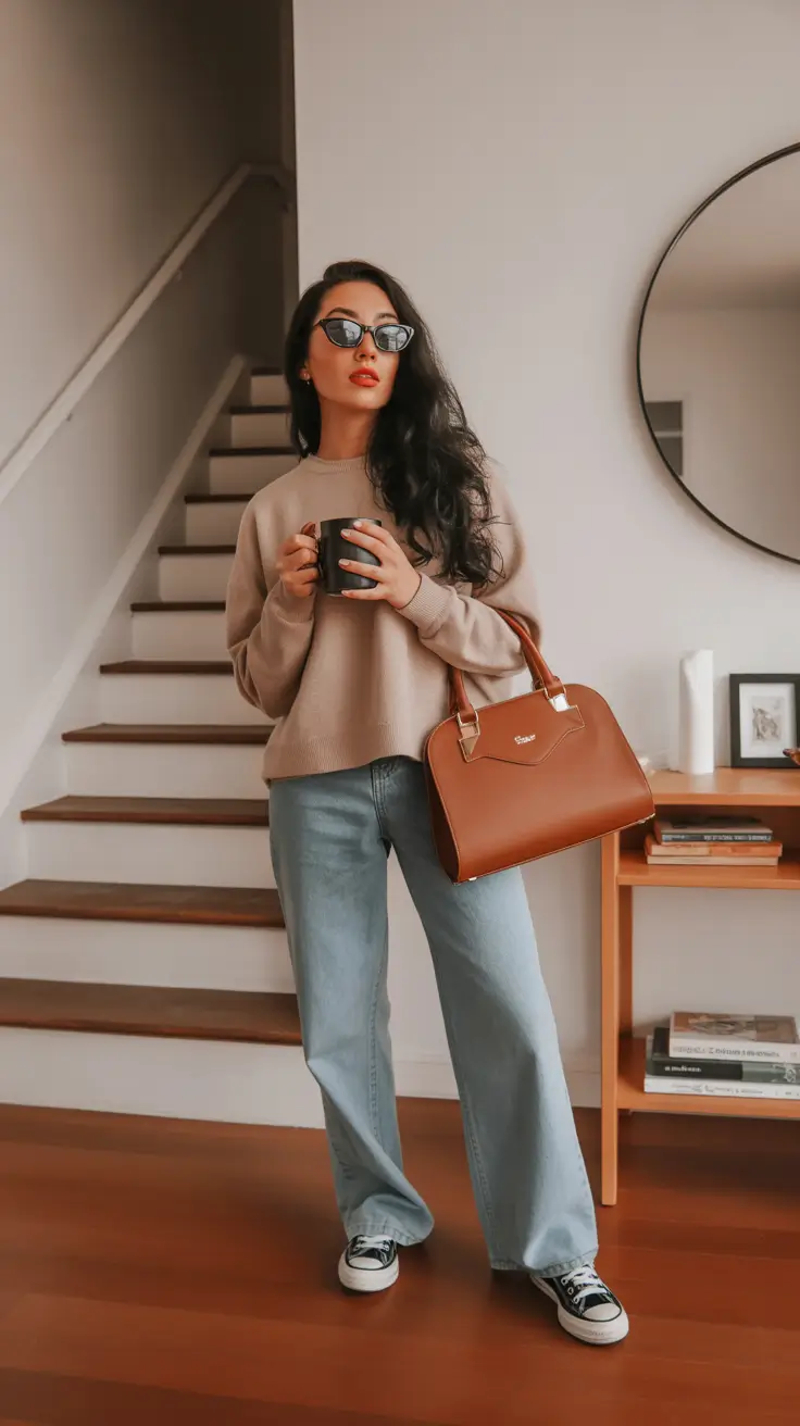 effortless spring outfits for Sunday knit denim coffee look
