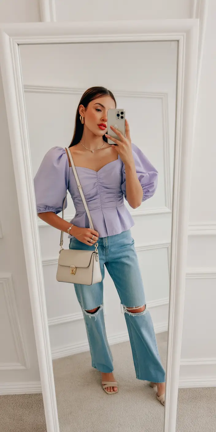 effortless spring outfits for Sunday lavender top denim