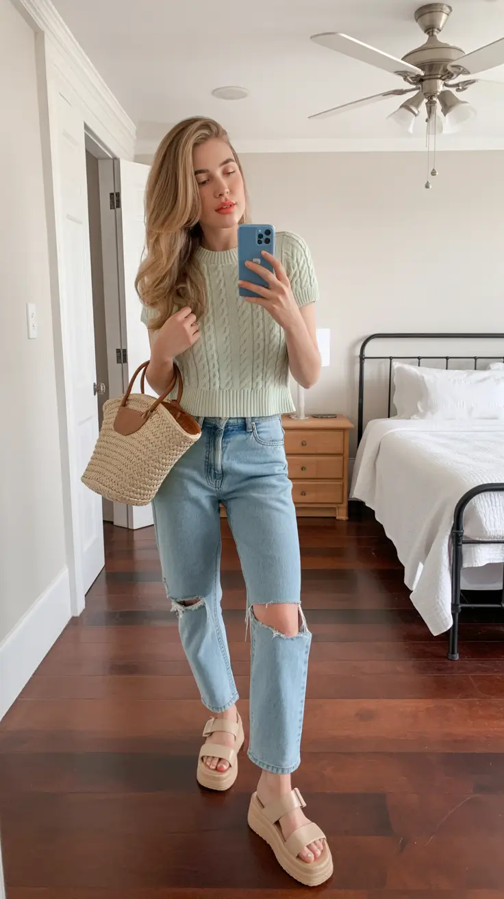 effortless spring outfits for Sunday green knit denim