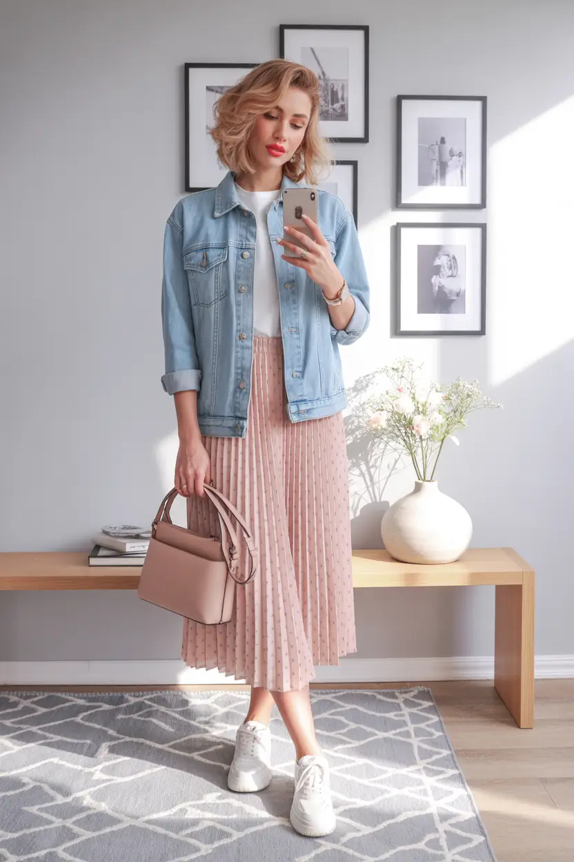 effortless spring outfits for Sunday denim jacket pleated skirt