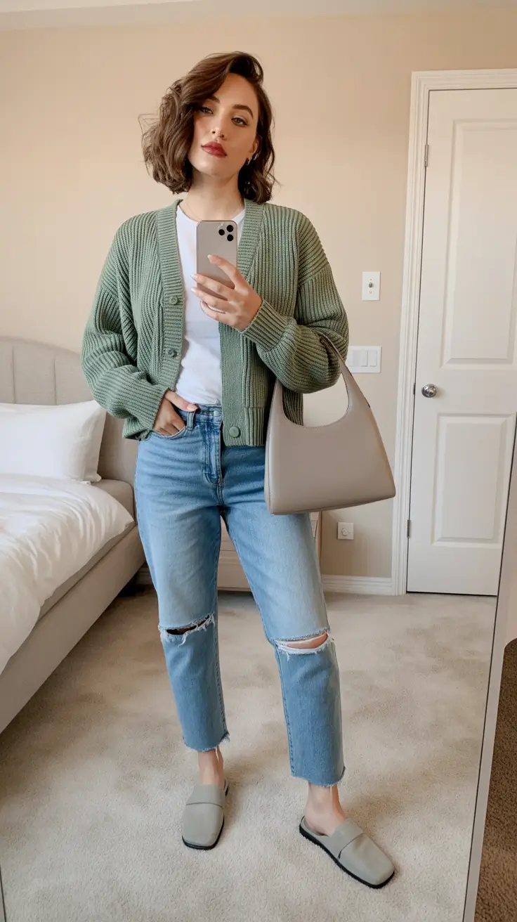 effortless spring outfits for Sunday cardigan denim