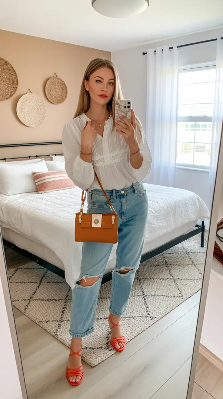 effortless spring outfits for Sunday white blouse denim