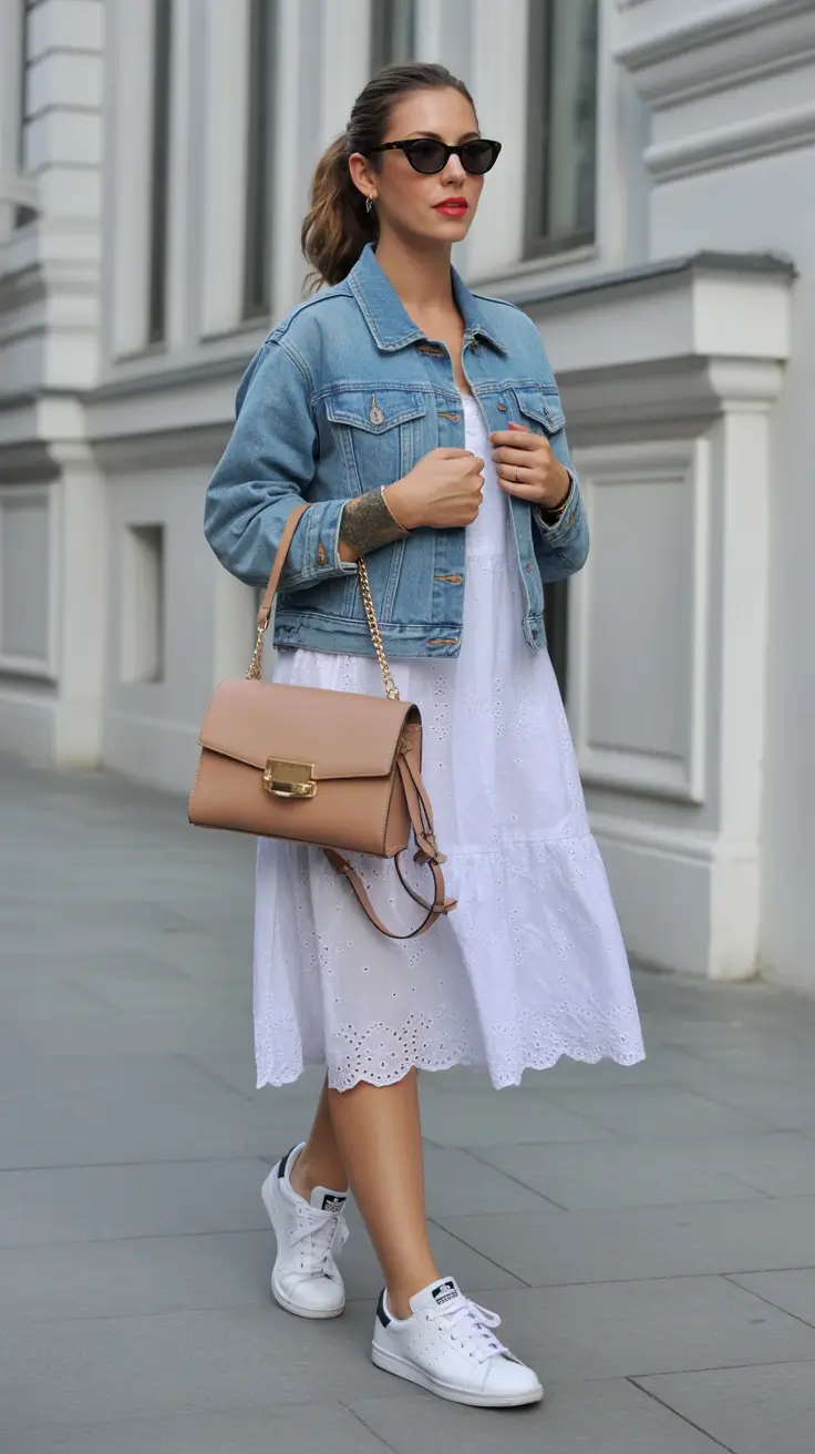effortless spring outfits for Sunday denim jacket white dress