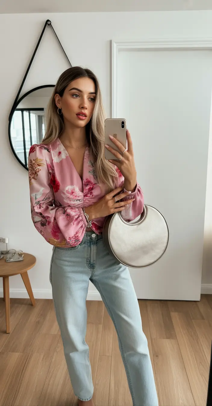 effortless spring outfits for Sunday floral blouse denim