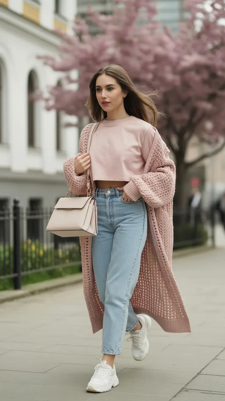 effortless spring outfits for Sunday pink layers denim
