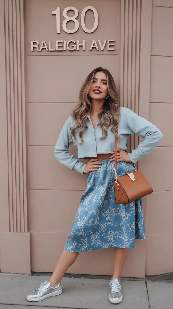 effortless spring outfits for Sunday blue top floral skirt