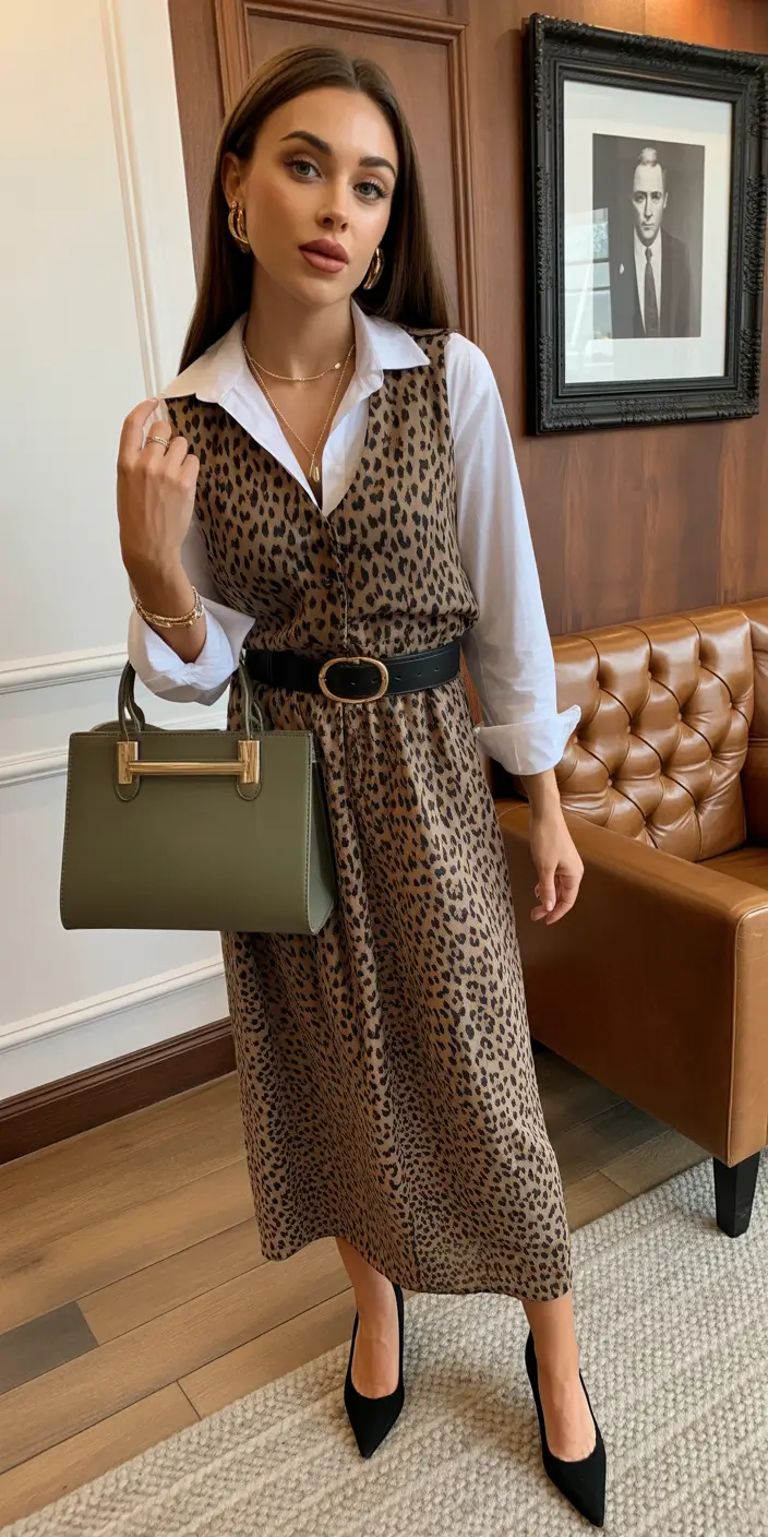 effortless spring outfits for Sunday leopard midi tailored layers