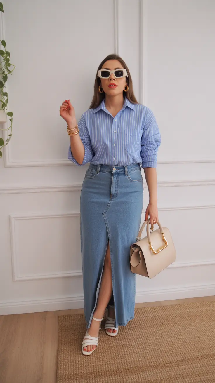 effortless spring outfits women 2026 blue denim skirt look