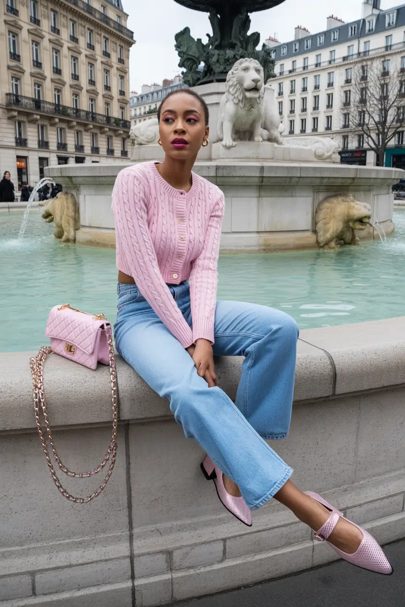 effortless spring outfits women 2026 pink knit and denim