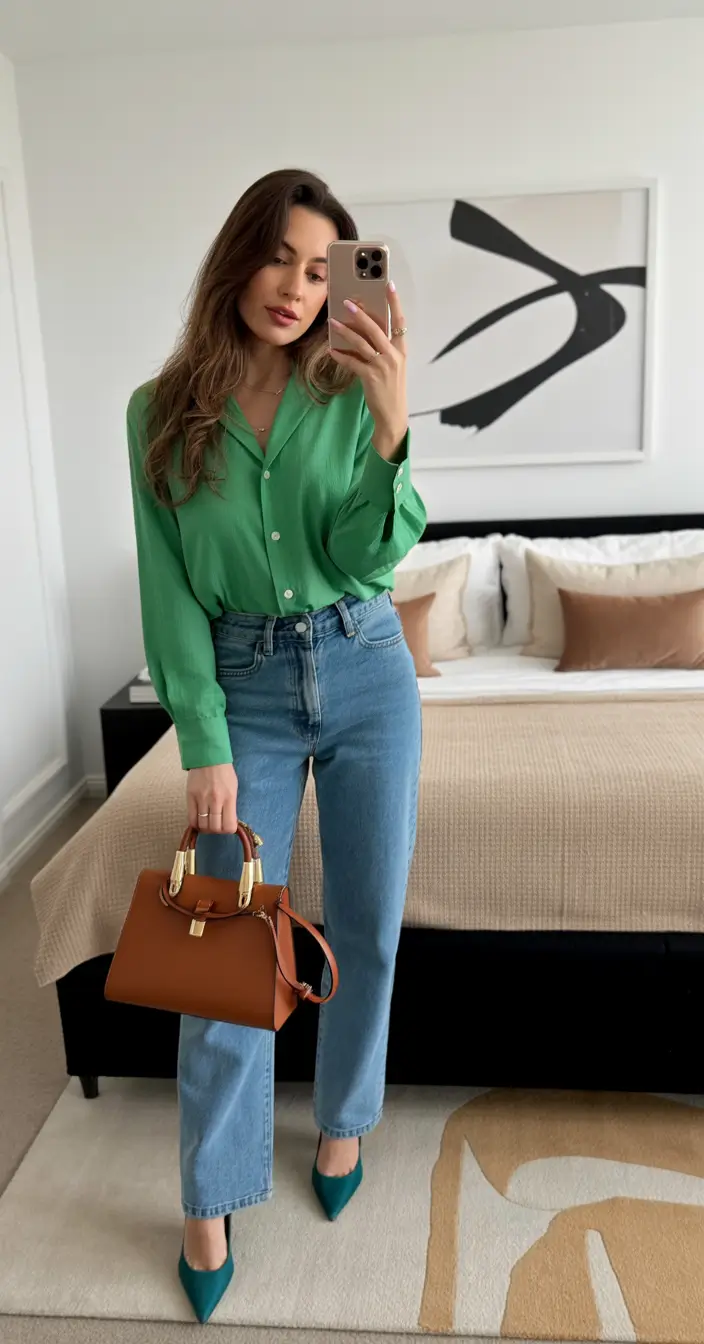 effortless spring outfits women 2026 green blouse denim