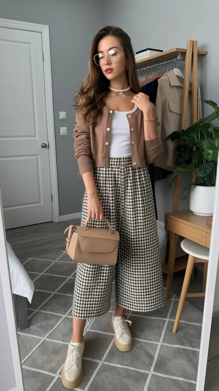 effortless spring outfits women 2026 checked pants casual