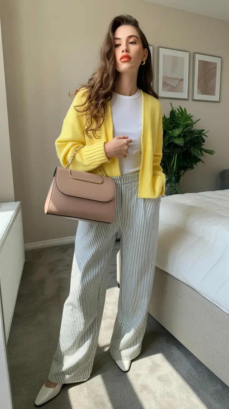 effortless spring outfits women 2026 yellow cardigan stripes