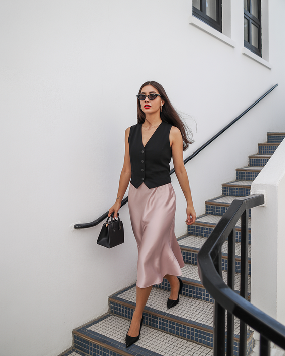 every day spring outfits 2026 Vest and Satin Skirt