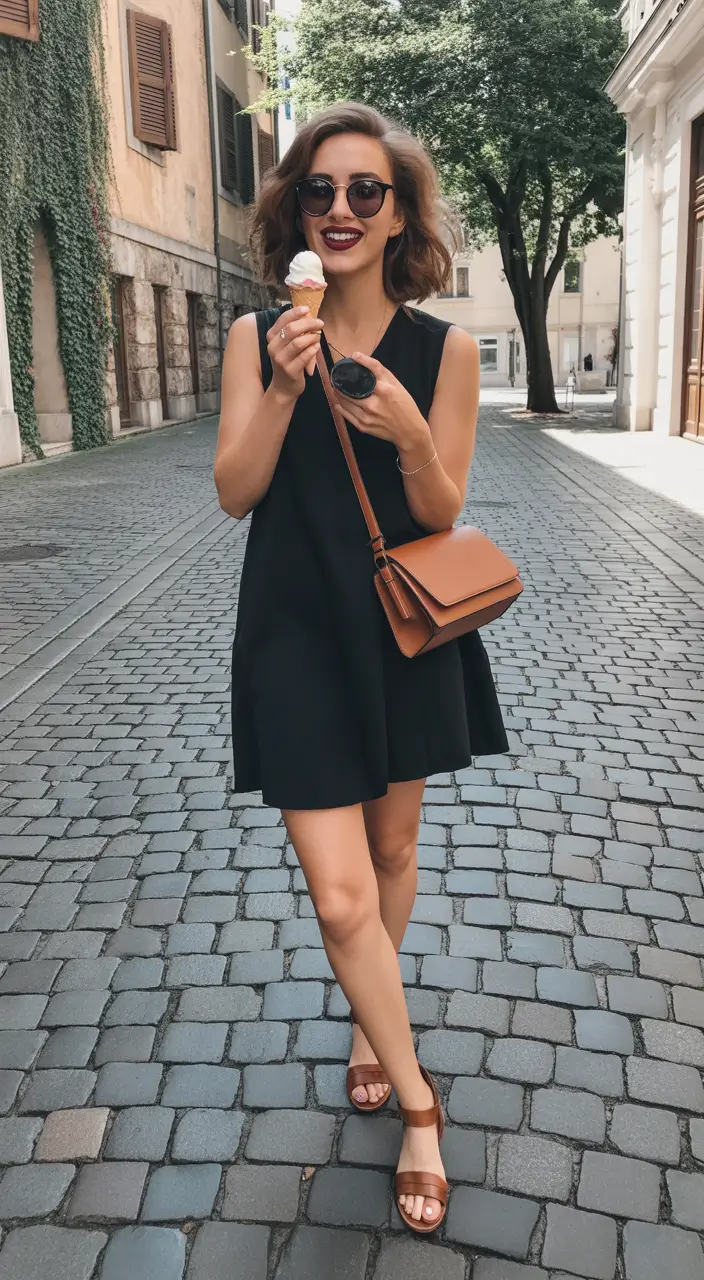fresh spring birthday outfit 2026 minimal black dress with warm leather accents
