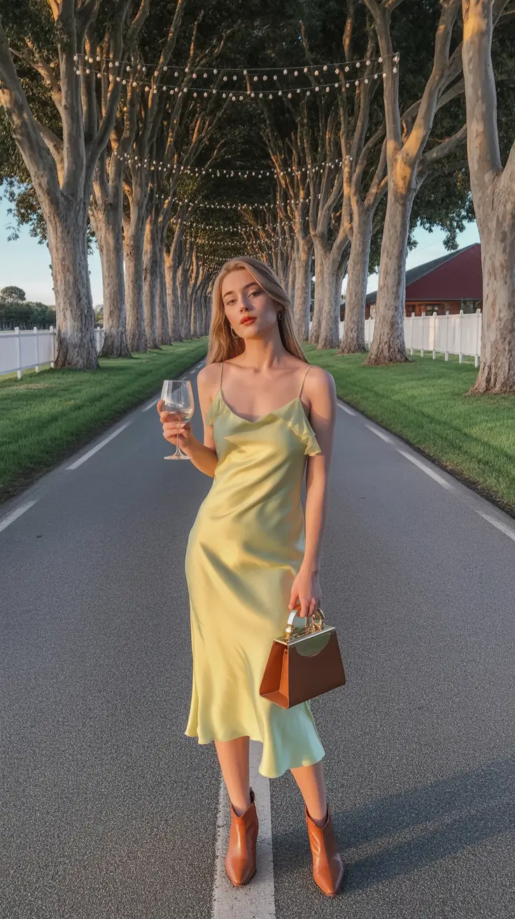 fresh spring birthday outfit 2026 soft satin slip dress sunset