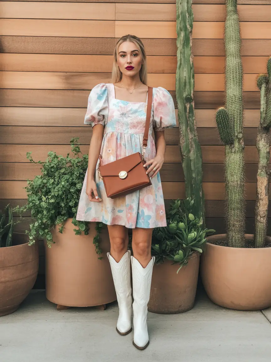fresh spring birthday outfit 2026 pastel puff sleeve dress with western boots charm