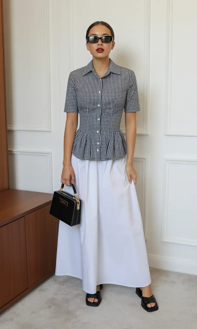 fresh spring birthday outfit 2026 gingham shirt with full white skirt polish