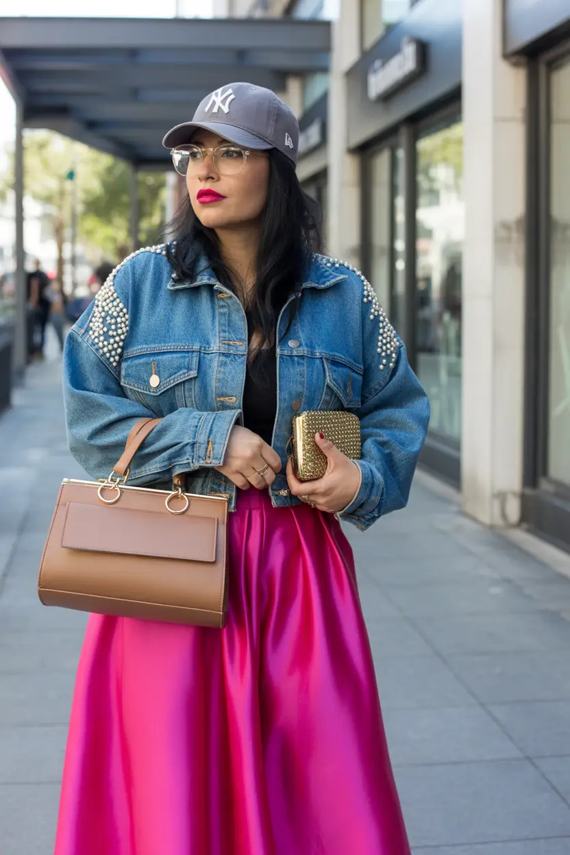 fresh spring birthday outfit 2026 denim jacket with satin skirt street style mix
