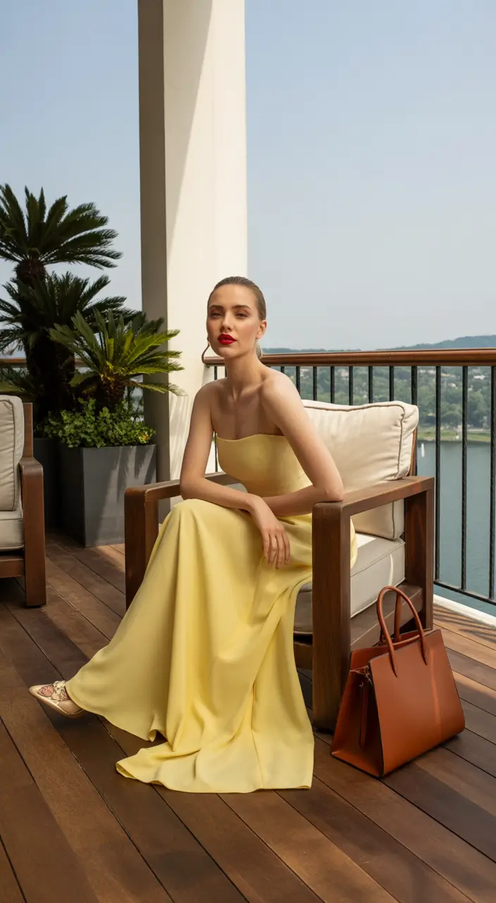 fresh spring birthday outfit 2026 strapless yellow gown elegant escape