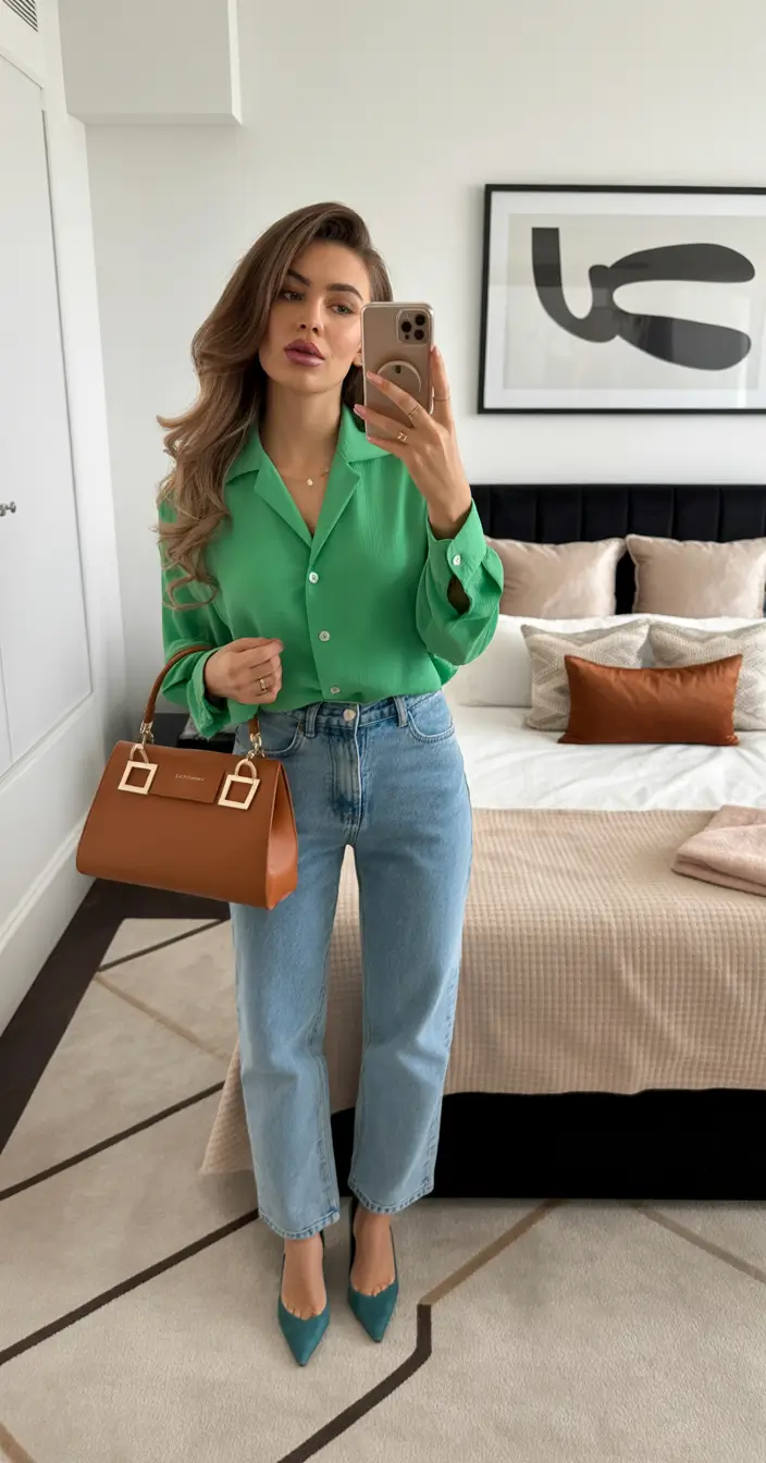 fresh spring birthday outfit 2026 green blouse and classic jeans everyday ease