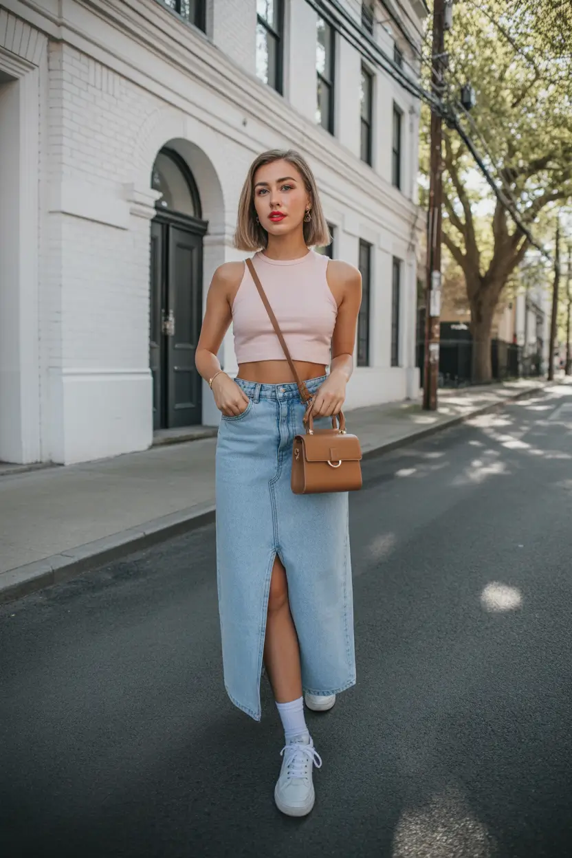 fresh spring birthday outfit 2026 crop top and denim midi skirt everyday confidence