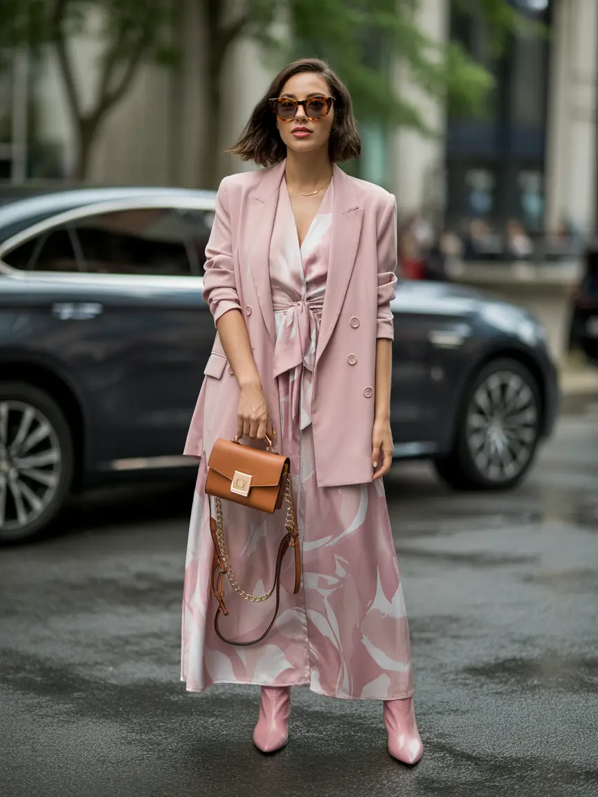 fresh spring birthday outfit 2026 blush blazer layered over flowing dress elegance