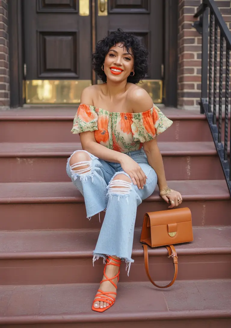 fresh spring birthday outfit 2026 off shoulder floral top with relaxed denim