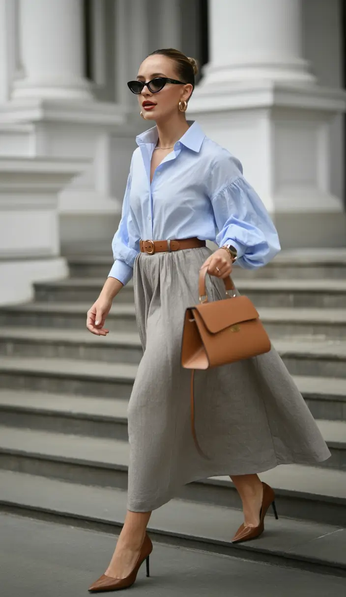 fresh spring birthday outfit 2026 blue shirt and midi skirt elegance