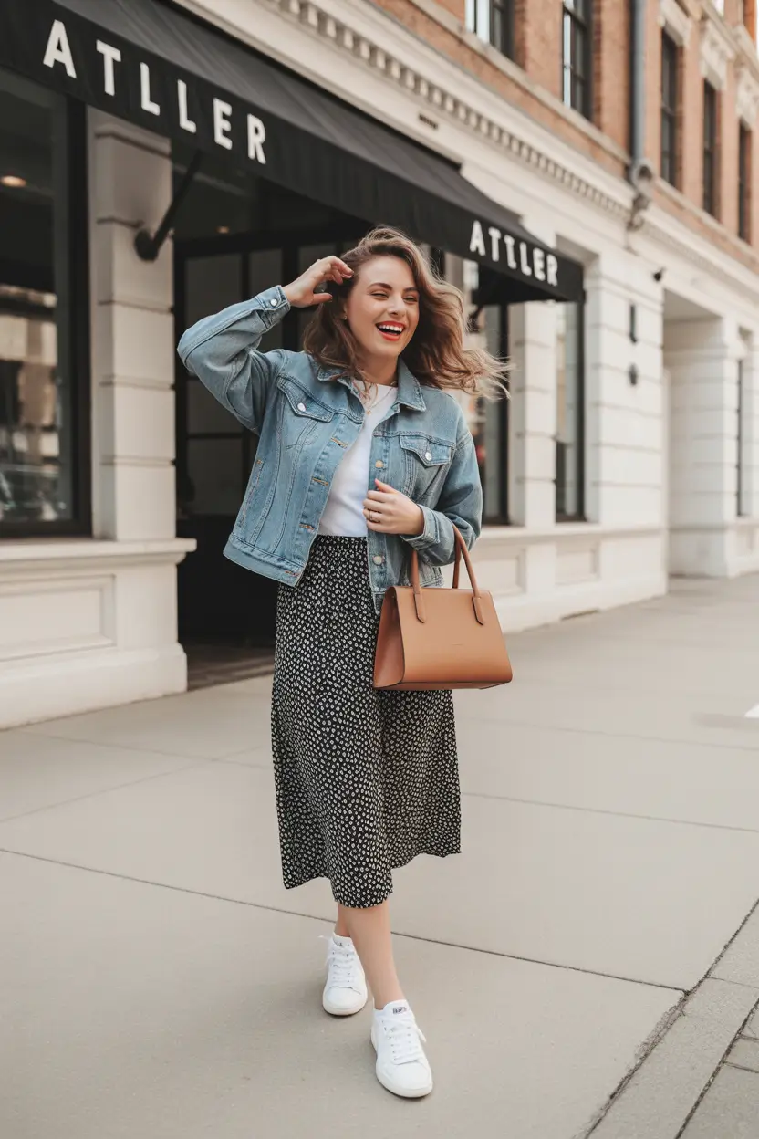 spring business casual outfits skirt sneakers