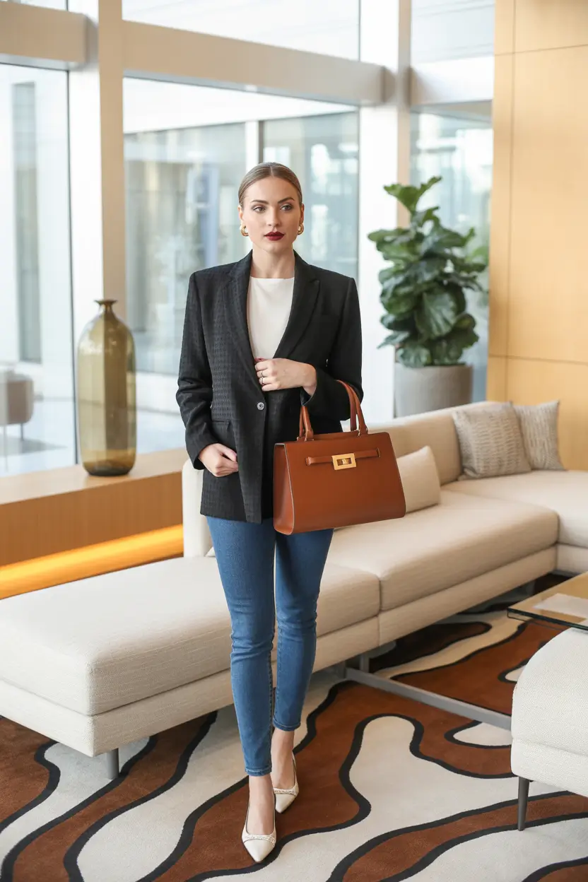 spring business casual outfits 2026 jeans blazer