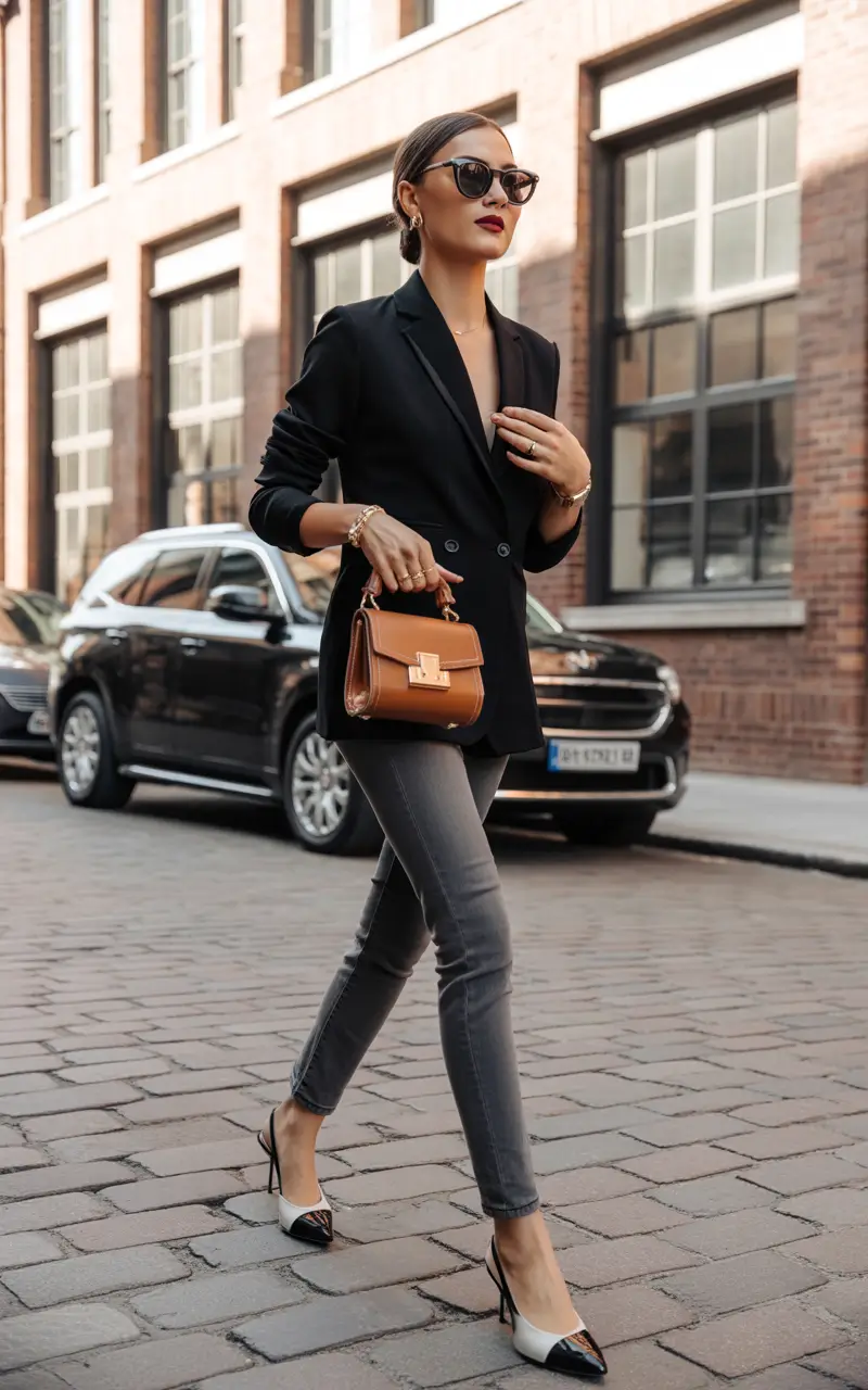 spring business casual outfits women jeans black blazer